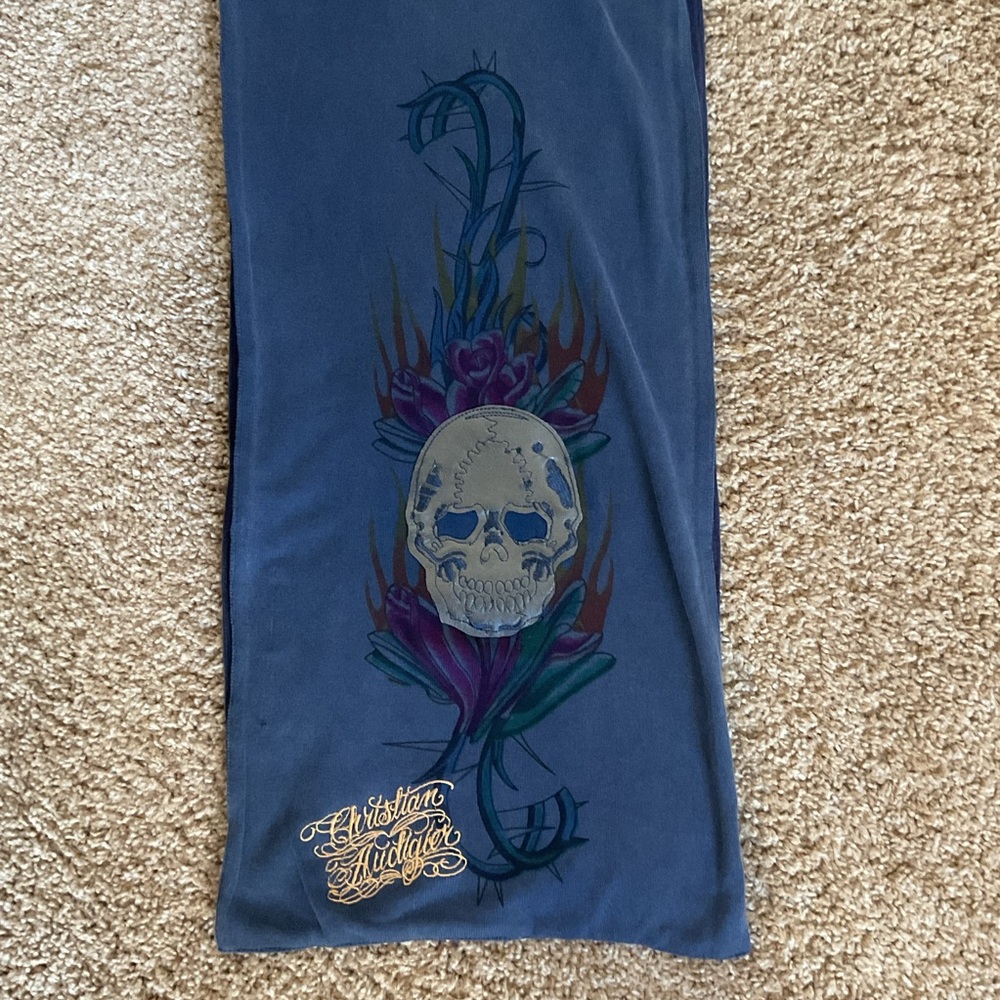 Christian Audigier Ed Hardy Navy Blue Skull Floral Embroidered Cotton Wrap - Picture 4 of 9